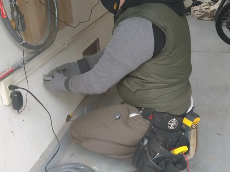 Electrician performing outlet wiring in a Longview garage